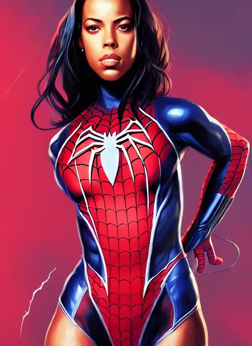 Image similar to full body portrait of marvel cinematic universe aaliyah haughton, spider woman, spider man, elegant, webs, super hero, highly detailed!! digital painting, artstation, glamor pose, concept art, sharp focus, illustration, art by artgerm and greg rutkowski, artey freytag