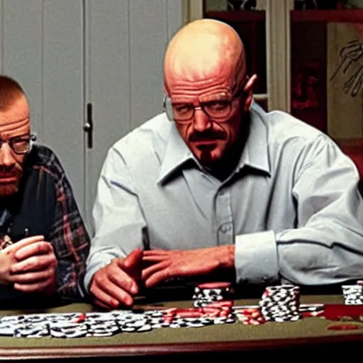 Prompt: photo of Walter White and Beavis playing poker