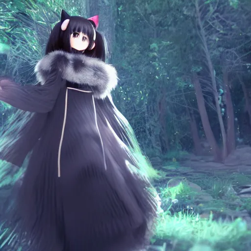 Prompt: render of a very kawai joyful 3d anime girl, wearing fluffy black scarf, long dress, black long curly hair, watery eyes, cat ears, in the magical forest, medium shot, mid-shot, highly detailed, trending on Artstation, Unreal Engine 4k