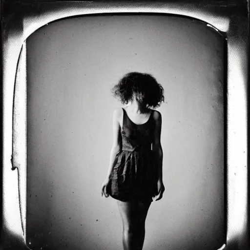 Image similar to polaroid picture, beautiful woman, curly hair, artistic, black and white, eerie, francesca woodman style