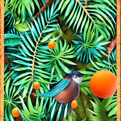 Image similar to mot mot bird in the rainforest with tropical leaves, in an art noveau style, with oranges, greens and pastels