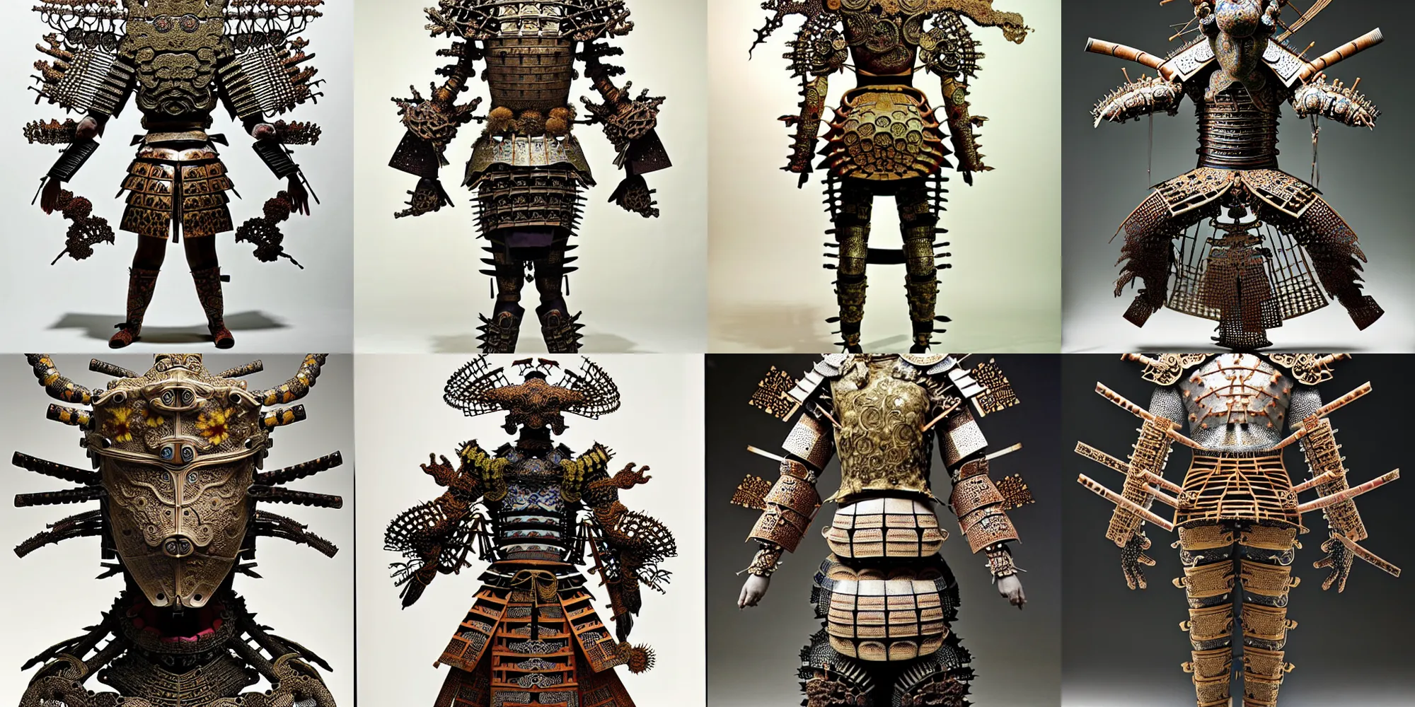 Prompt: ancient japanese samurai, intricate detailed fractal armor, by kiki smith, by maria sibylla merian, by wangechi mutu, chinese painting, concept art, third - person, 3 - dimensional, 1 6 k, rim lights, moss, bamboo, insanely detailed and intricate, hypermaximalist, elegant, ornate, hyper realistic, super detailed