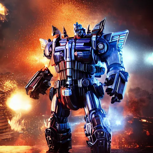 Image similar to donald trump! as optimus prime in ( gears of war ), transformers, splash art, maga!, patriot!, movie still, detailed face, photorealistic facial features, cinematic lighting, dramatic, octane render, long lens, shallow depth of field, bokeh, anamorphic lens flare, 8 k, hyper detailed, 3 5 mm film grain