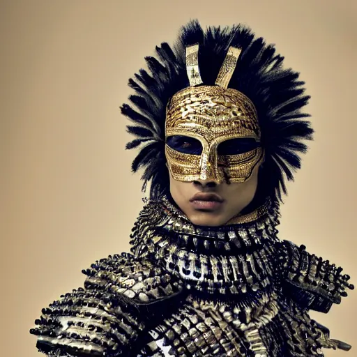 Image similar to a portrait of a beautiful indian young male wearing an alexander mcqueen armor made of robot parts , photographed by andrew thomas huang, artistic