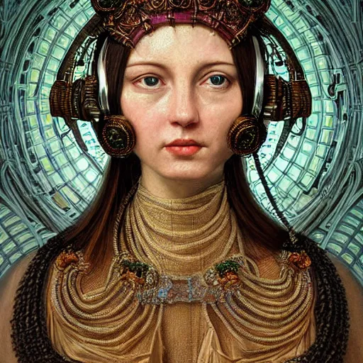 Image similar to renaissance oil painting, very beautiful woman integrating with technology, full face frontal centered, portrait, insipiring, detailed intricate ornate cables connected to head, big open electric eyes, luxurious detailed abundent wiring and implants, diamonds, sci-fi, neon, emeralds, detailed technology full background, highly detailed, artstation, Rene Lalique and Eddie Mendoza and Gil Elvgren