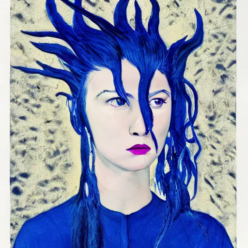 Image similar to Dragon girl, portrait of young girl half dragon half human, Dragon skin, Dragon eyes, Blue hair, Long hair, by David Lynch