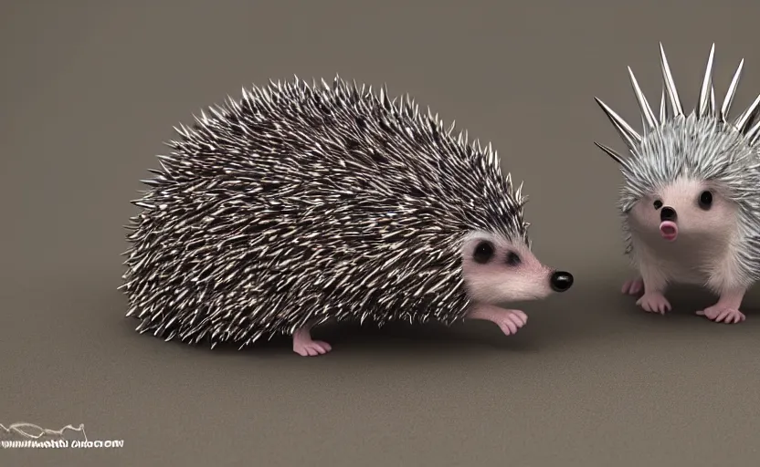 Image similar to a cute 3d cartoon hedgehog with big and sharp iron metallic razor spikes on his back