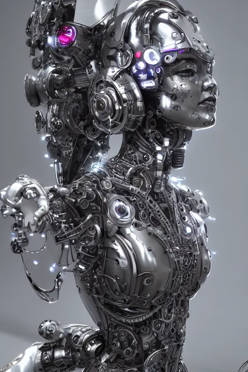 Image similar to a beautiful and young fully cybernetic female with 80% or her body made of mechanical parts adorned digital detail and some ornate geometric carvings , intricate, elegant, very detailed, hyper real, octane render, 8k, trending on Artstation