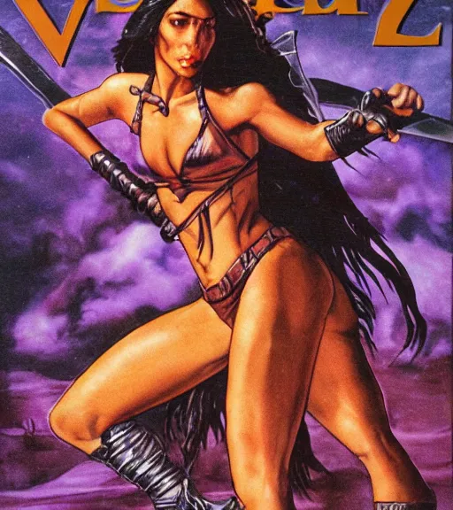 Prompt: 1 9 8 0 s fantasy novel book cover, amazonian nadine velazquez in extremely tight bikini armor wielding a cartoonishly large sword, exaggerated body features, dark and smoky background, low quality print