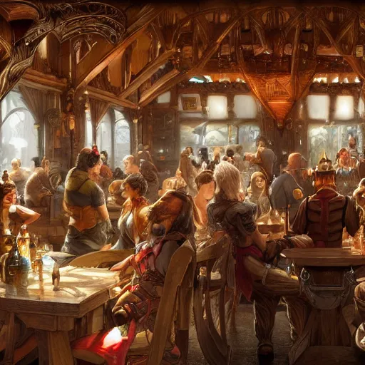 Image similar to a panorama of fantasy characters in a tavern, intricate, highly detailed, digital painting, artstation, smooth, sharp focus, illustration, 8 k, art by artgerm, greg rutkowski