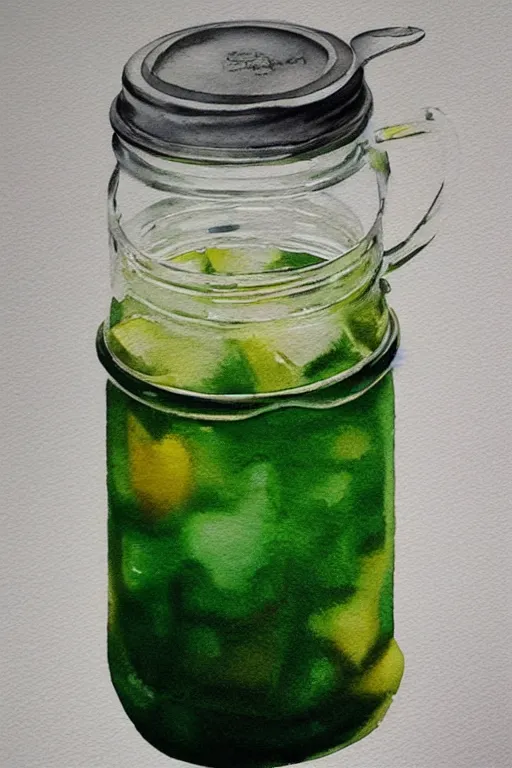 Image similar to Ice Tea in a mason jar, Watercolor, photorealistic, high resolution, award winning, trending on artstation, art by artgerm