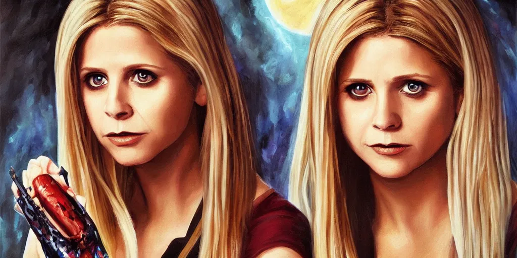 Prompt: beautiful painting of Buffy Summers from Buffy the Vampire Slayer fighting an evil!!! vampire; oil painting, masterpiece, extremely highly detailed; ultra realistic; trending on artstation