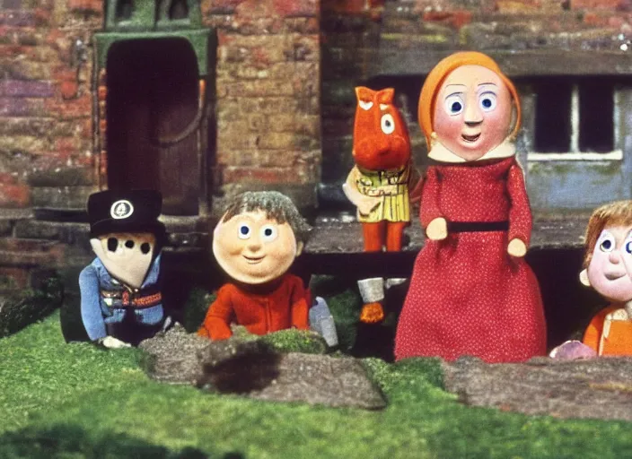 Image similar to a scene from a 1 9 7 0 s british kids tv programme by the bbc and oliver postgate, stop motion animation, postman pat, vhs distortion