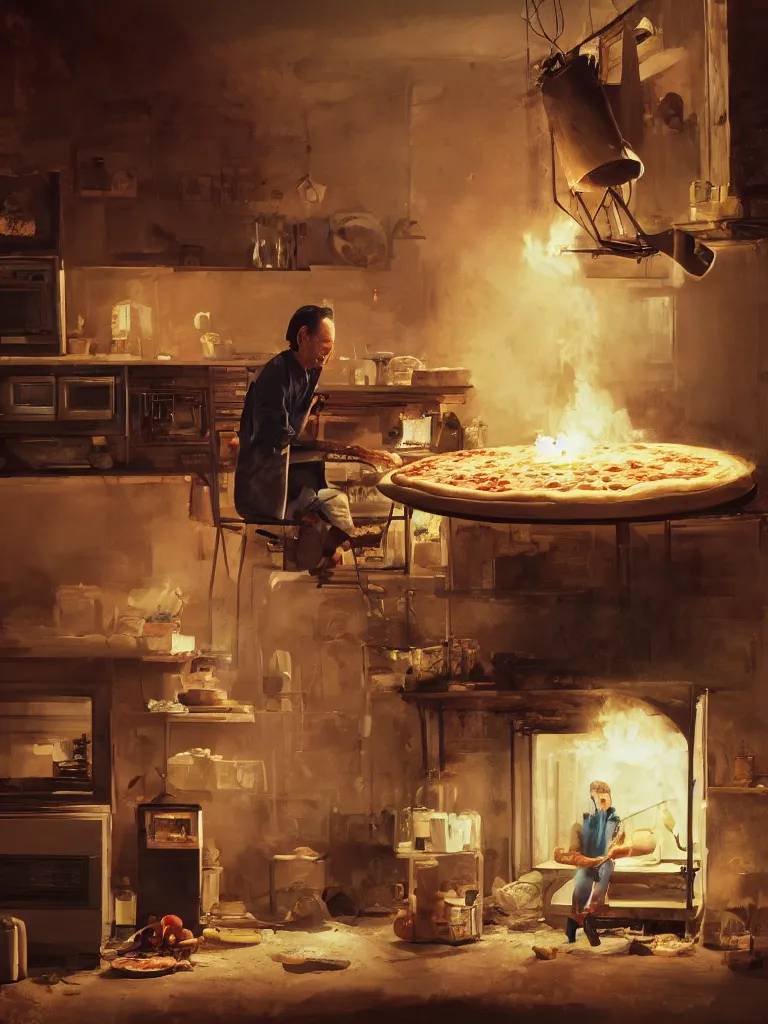 Image similar to a portrait of sad nick cave baking pizza in a painting from stalenhag, 4 k, 8 k, hdr, artstation, concept art