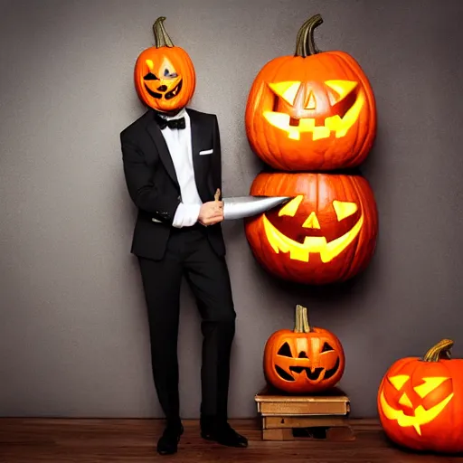 Image similar to man in strict suit with pumpkin mask, Halloween pumpkin, house on background, bloody knife in right hand, blood on body, dead bodies around, full body, extremely detailed, sharp focus, professional photographer, professional model
