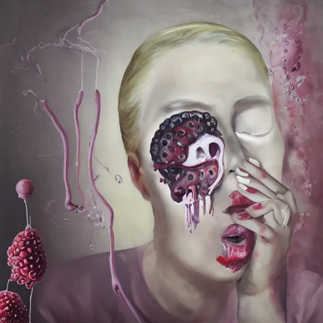 Prompt: “ sensual, a portrait in a female art student ’ s apartment, pancakes, woman holding a brain from inside a painting, berries, octopus, surgical supplies, skull, scientific glassware, art materials, candle dripping white wax, berry juice drips, neo - expressionism, surrealism, acrylic and spray paint and oilstick on canvas ”