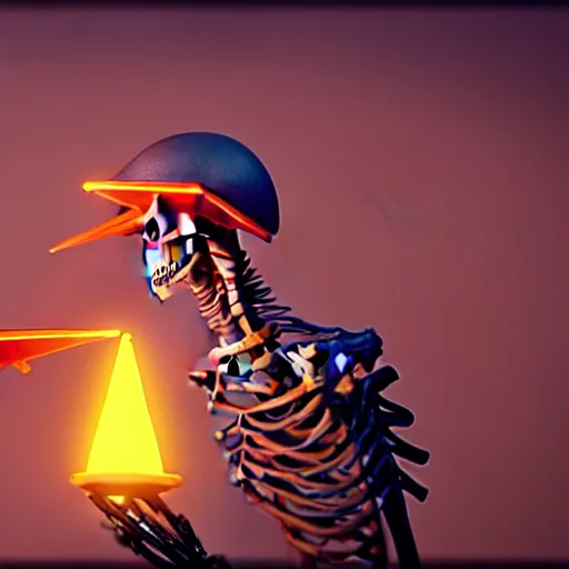 Image similar to weta disney pixar movie still macro close photo of a skeleton with traffic - cones for hands. his hands are traffic - cones. : : by weta, greg rutkowski, wlop, ilya kuvshinov, rossdraws, artgerm, octane render, iridescent, bright morning, anime, liosh, mucha : :