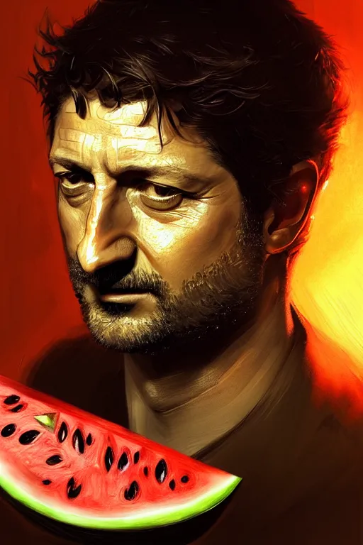 Image similar to portrait of a watermelon gerard butler, greek, intricate, headshot, key visual, conceptart, ambient lighting, highly detailed, digital painting, artstation, concept art, sharp focus, by makoto shinkai and akihiko yoshida and greg manchess