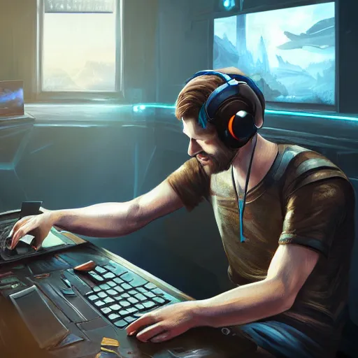 Image similar to realistic man using laptop in gaming room, artstation trends, sci fi concept art, highly detailed, intricate, sharp focus, digital art, 8 k