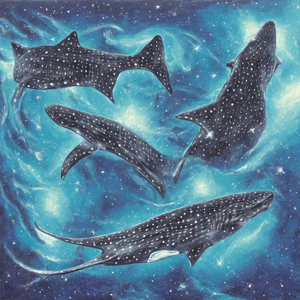 Prompt: oil painting of a whale shark flying in front of a swirling galaxy, shimmering stars, milky way