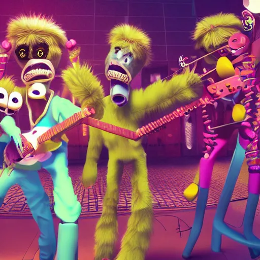 Image similar to bandphoto of anthropomorphic furry musicians, in the style of billelis and james jean and pedro conti and stanley kubrick, inspired by die antwoord, kawaii colors, photorealistic, epic, super technical, 3 d render