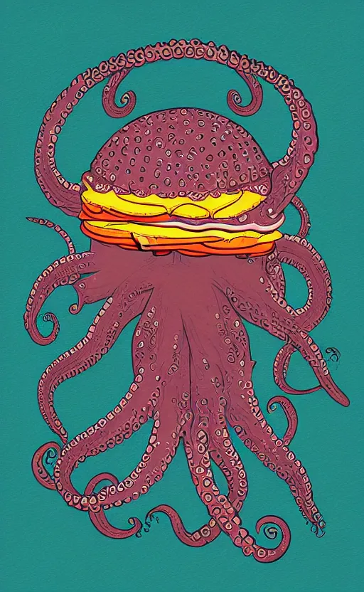 Image similar to highly detailed three - color ink illustration of octopus eating a burger, symmetrical, hd, trending, silk screen vector