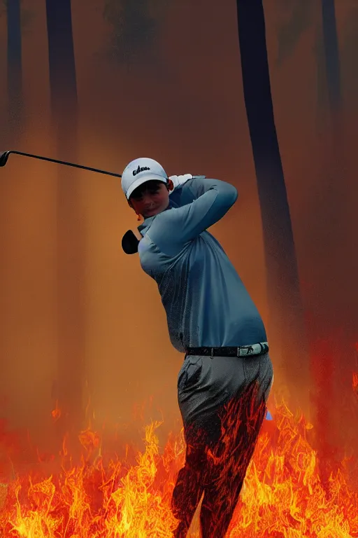 Image similar to close-up of a golf player on a lush golf course with a burning forest far away, digital painting, 4k, rays of light, particles light, by sasha kalinkin