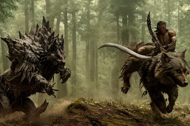 Image similar to vfx movie closeup detailed ancient armored warrior orc hunting riding large wolf in the forest, natural lighting by emmanuel lubezki