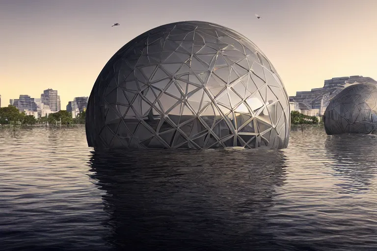 Image similar to a building formed by the intersection and fusion of many multi - white spherical and egg - shaped spaces. on the calm lake, people's perspective modern curved architecture, future, wood, marble, metal award winning, highly detailed 4 k art, dusk, unreal engine highly rendered, global illumination, radial light, internal environment by kazuyo sejima