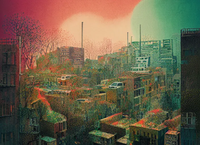 Prompt: city covered in overgrowth, colorful, Mads Berg, Karolis Strautniekas, stippled light, editorial illustration, detailed,fine texture, textured, matte print