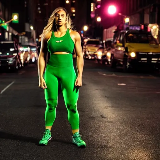 Prompt: Rhea Ripley as She Hulk on the street in New York City at night, Lights are on down the street, light fog in the background, cinematic, realistic, detailed, portrait, green skin
