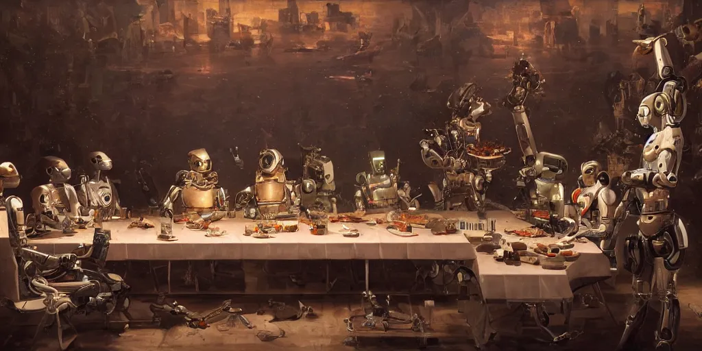 Image similar to robots sitting at a table in the style of the last supper, sci - fi, detailed, beautiful composition, masterpiece, artstation