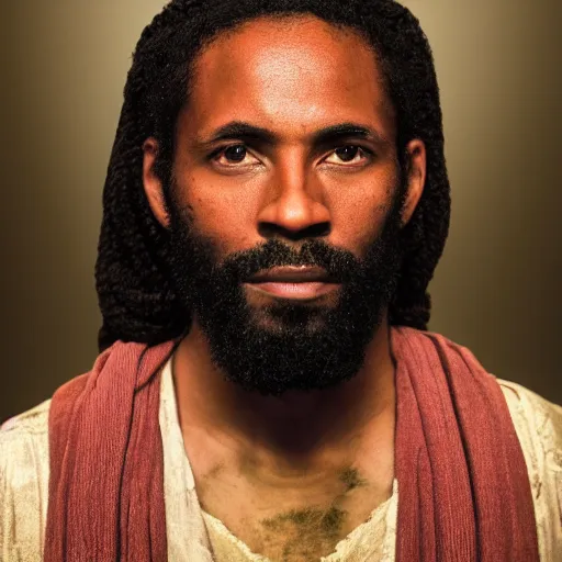 Prompt: african american jesus christ, movie still, portrait photograph style, 4k, warm light,