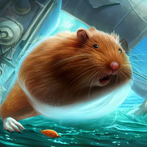 Image similar to giant hamster in the middle of the sea, fantasy art, illustration, epic, fantasy, intricate, hyper detailed, artstation, concept art, smooth, sharp focus, ray tracing