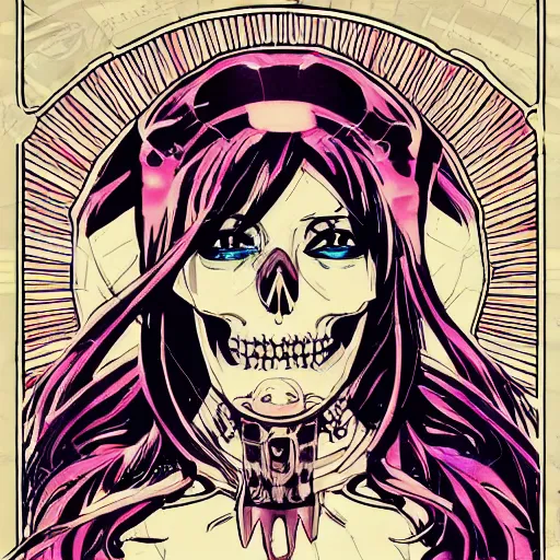 Image similar to anime manga skull portrait girl female skeleton astronaut illustration 80s comic art frank miller dirko and alphonse mucha ditko pop art nouveau