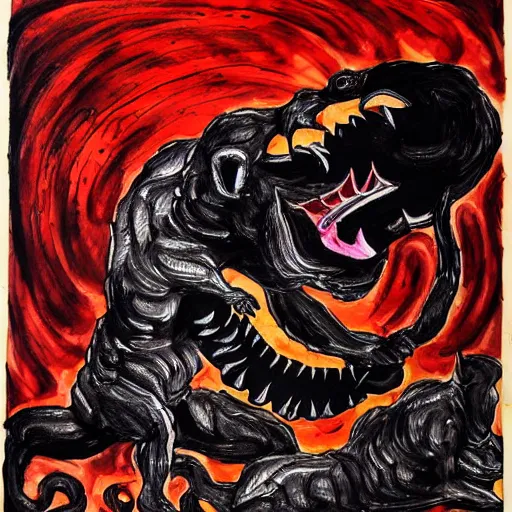 Image similar to emotional movement of muscle panthers, hell creatures, ink painting, in style of thawan duchanee, high quality,