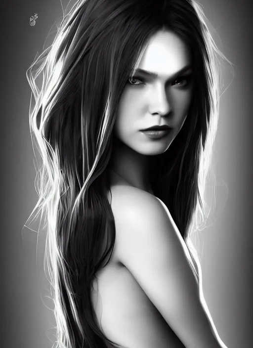 Image similar to full body portrait of a beautiful woman in black and white, photorealistic, hair down to waist, art by diego fazio and diegoKoi and artgerm, concept art, hyper sharp focus, 8k highly detailed