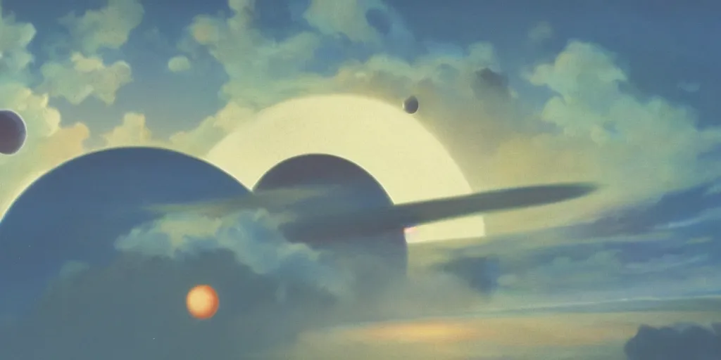 Prompt: blue dreamy cloudscape with a single planet in the clouds, daylight, cinematic lighting, cinematic perspective, syd mead, john harris, federico pelat,