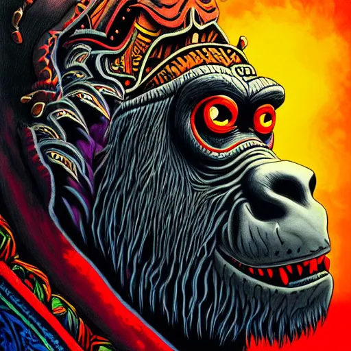 Image similar to side profile of barong family member, wiwek, mara demon, one single tribe member, jungle, one single mask, dark, ancient warrior, gorilla, lizard, tribal, inner glow, art by dan mumford and justin gerard