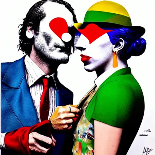Prompt: richard hamilton and mimmo rottela and banksy as joaquin phoenix skinny joker holding hand lady gaga harley queen, ultra photorealistic, intricate details, pop art style, concept art, ultrarealistic, 3 colors, 4 k, smooth, sharp focus