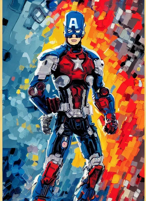 Image similar to marvel mcu captain america strange, wearing futuristic cybernetic battle armor, by ashley wood, yoji shinkawa, jamie hewlett, 6 0's french movie poster, french impressionism, vivid colors, palette knife and brush strokes, dutch angle