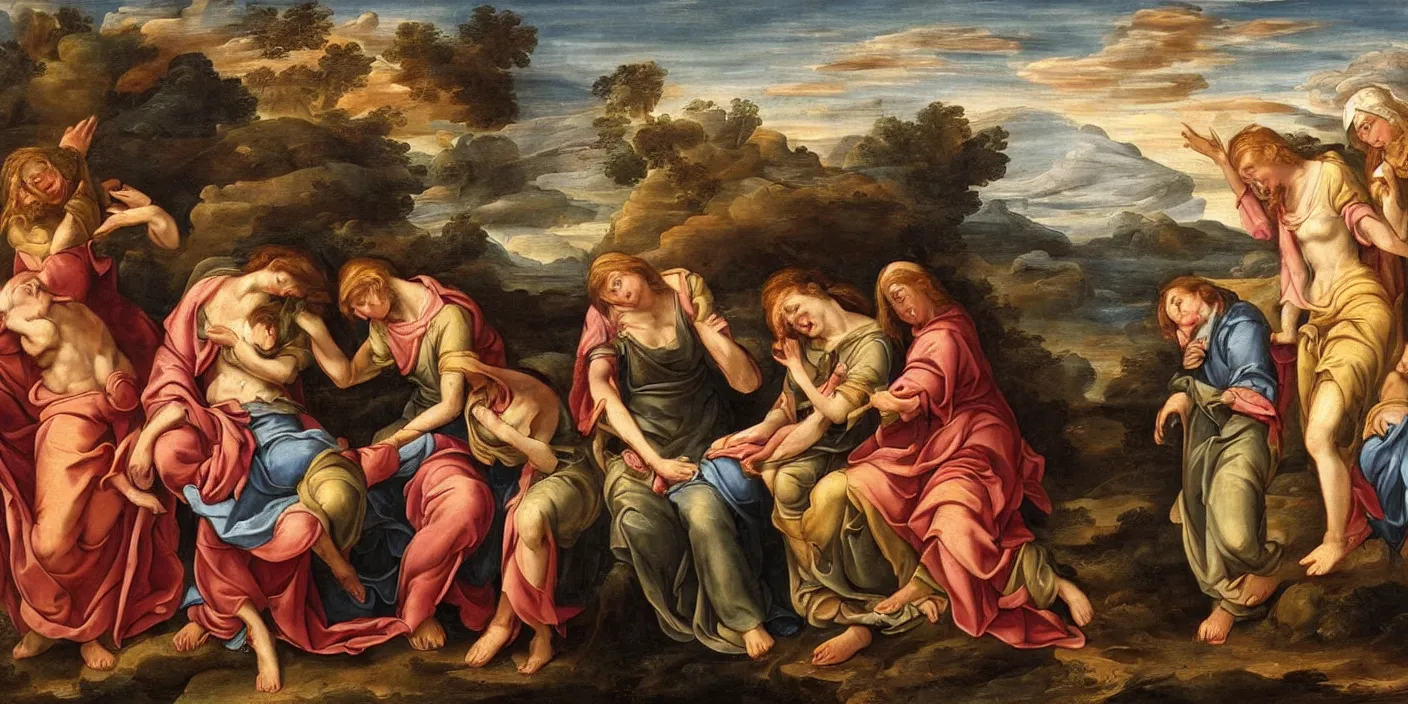 Prompt: an baroque painting of 3 maria's in a landscape crying at the death of christ