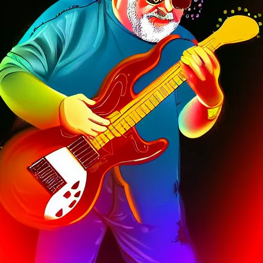 Image similar to a Jerry Garcia guitarist playing so intensely there is electricity shooting out from his guitar, energy beams under his finger tips, and magic sparkles from the freboard, amazing ditial art, trending on artstation, featured on deviantart