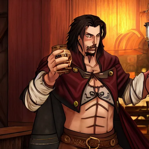 Image similar to Trevor Belmont from Castlevania, enjoying a pint of ale at a tavern, digital art, HDR, happily smiling at the camera, holding the pint of ale, sitting at the bar, warm lantern lighting.