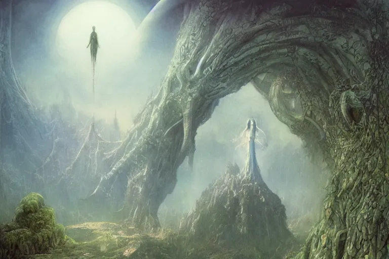Image similar to hallucination of Himeji Rivendell overlooks the Garden of Eden, amazing concept painting, by Jessica Rossier by HR giger by Beksinski, by brian Froud