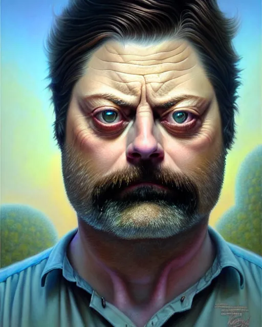 Prompt: detailed portrait of nick offerman offal!! organ meats by tomasz alen kopera and peter mohrbacher and johanna martine! and margaret keane! coherent luminescent