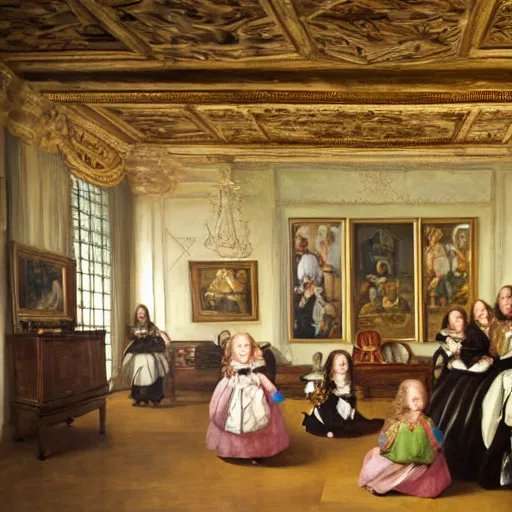 Prompt: family portrait in the main room of the castle painted in 1 6 5 6, dark room, one point of light coming through one big window inspired by las meninas, spaces between subjects and good detail and realistic face form for each person in the canva, inspired by diego velasquez better quiality