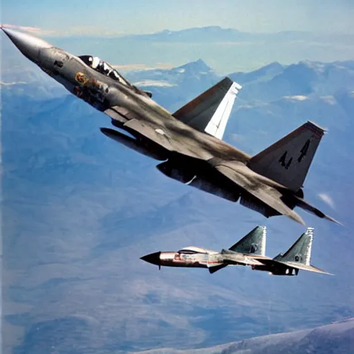 Prompt: f - 1 4 in a dogfight with a su - 5 7 over a snowy mountain landscape.