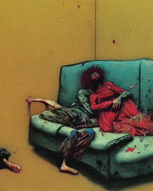 Prompt: early color photo of an old dead couple sitting on a couch in an old soviet apartment, Beksinski painting, part by Adrian Ghenie and Gerhard Richter. art by Takato Yamamoto, Francis Bacon masterpiece