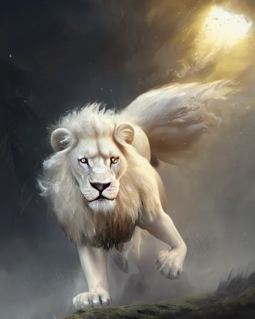 Image similar to oil painting of Anthropomorphized White Lion General in Battle, wearing fur armor and cloak, sharp focus, holding Sabre, heroic pose, fantasy style, octane render, volumetric lighting, 8k high definition, by greg rutkowski, highly detailed, trending on art Station, magic the gathering artwork, Battlefield backround, centered